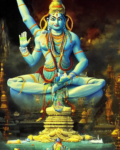 Image similar to One many-armed Shiva sits. In the background gasoline on the water. High detail, hyperrealism, masterpiece, close-up, ceremonial portrait, solo, rich deep colors, realistic, art by Yoshitaka Amano, Ivan Aivazovsky