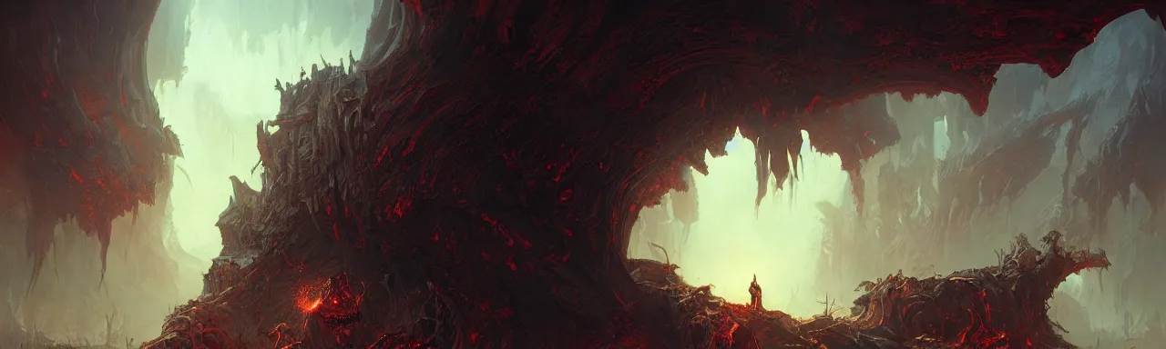 Image similar to Doom II, Widescreen hell landscape, demons, intricate, cinematic lighting, highly detailed, digital painting, artstation, concept art, smooth, sharp focus, illustration, art by Artgerm and Greg Rutkowski, Cgsociety