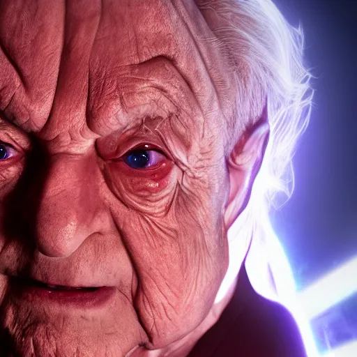 Image similar to Portrait of George Soros as darth sidious from starwars, splash art, movie still, cinematic lighting, dramatic, octane render, long lens, shallow depth of field, bokeh, anamorphic lens flare, 8k, hyper detailed, 35mm film grain