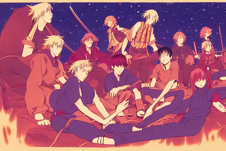 Image similar to cel shaded study of a group of anime warriors sitting around a campfire at night, key visual with intricate linework, in the style of moebius, ayami kojima, 9 0's anime, retro fantasy