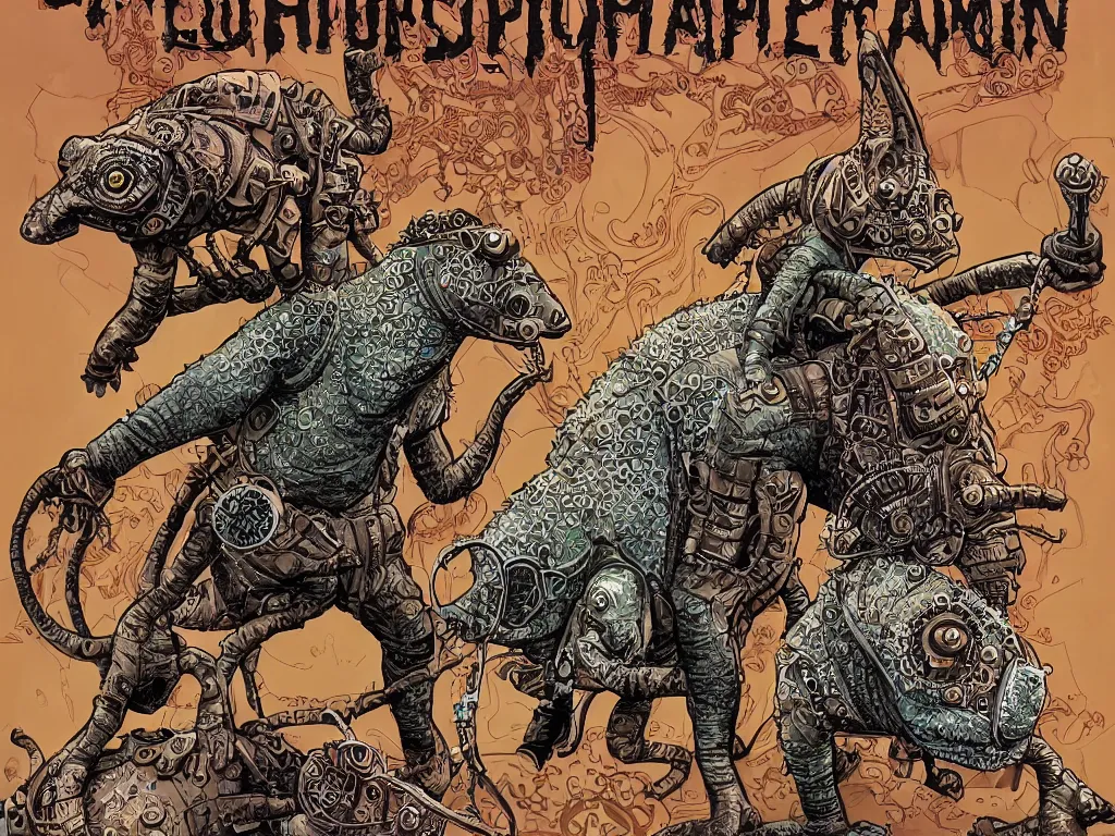 Prompt: Book steampunk a chameleon wrestling a tapir, Insanely detailed and intricate, hyper-realistic in the graphic style of Patrick Gleason, detailed art, sharp focus, comic art