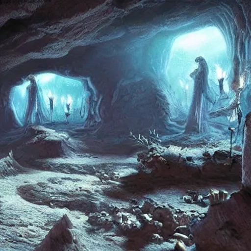 Image similar to beautiful matte painting of the inside of a cave with glowing crystals on the walls and bones on the floor, fantasy, sharp focus