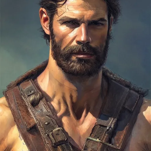 Image similar to portrait of a rugged ranger, coherent hands, handsome, muscular, upper body, leather, hairy torso, d & d, fantasy, intricate, elegant, highly detailed, digital painting, artstation, concept art, smooth, sharp focus, illustration, art by artgerm and greg rutkowski and alphonse mucha