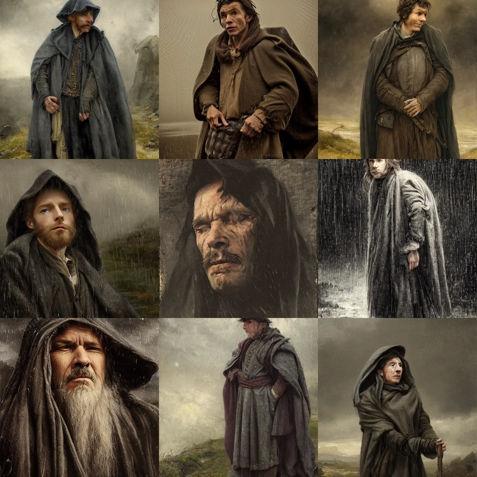 Prompt: a sad 19th century wanderer, dressed in a gray, worn traveling cloak, who looks similar to Lee Evans. heavy raining, cinematic lighting, highly detailed, realistic, portait by Jan Matejko