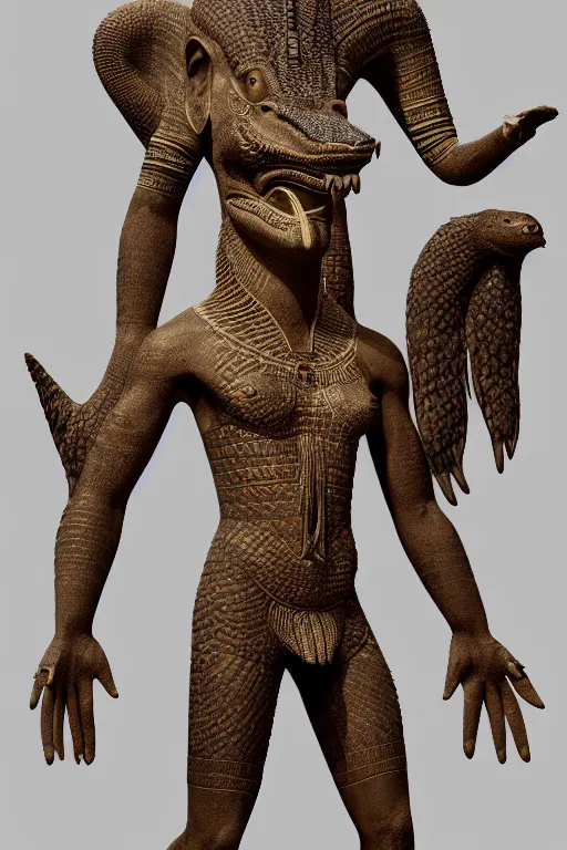 Prompt: full body portrait of sobek egipcian god, intricate design, photorealistic, octane render, raytraced, ultra fine detailed, character design, trending on artstation