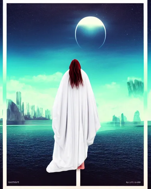 Prompt: a person wearing a white cloak that's blowing in the wind. they are standing in the water. a large planet with rings is visible in the sky. an album cover by stanley twardowicz, trending on cg society, retrofuturism, retrowave, chillwave, synthwave