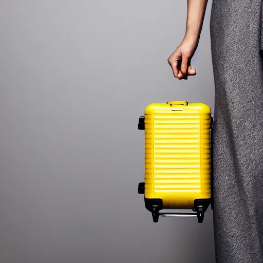 Image similar to a yellow coffee mug looks like rimowa aluminium suitcase, full of steaming coffee