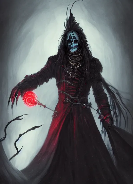 Prompt: a medium shot of a male necromancer with long black hair that covers his eyes wearing a red victorian era coat, backlighting, blue hour, ominous, sinister, holding green fire, lit from below with red lighting, high contrast, highly detailed, sharp focus, digital painting, concept art, illustration, trending on artstation, Bloodborne art, art by greg rutkowski + greg hildebrandt + alphonse mucha