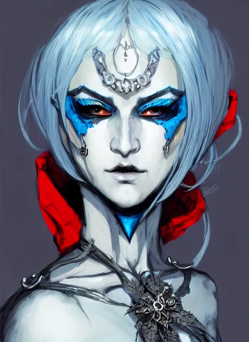 Prompt: half body portrait of a beautiful drow queen in an elaborate cracked mask and ornate pale blue dress, gray hair, red eyes. in style of yoji shinkawa and hyung - tae kim, trending on artstation, dark fantasy, great composition, concept art, highly detailed, dynamic pose, vibrant colours.