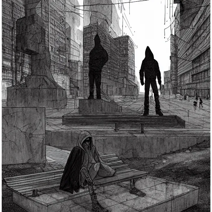 Image similar to storyboard : sadie sink in hoodie sits on long bench in ruined square, pedestrians walk by, soviet monument and propaganda posters. scifi cyberpunk. by gabriel hardman. cinematic atmosphere, detailed and intricate, perfect anatomy