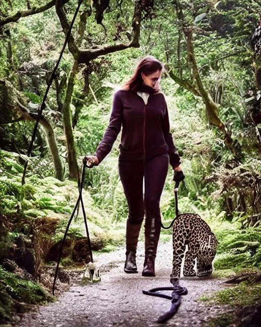 Prompt: beautiful woman walks her pet leopard on a leash thru a crystal forest, hyperreal, atmospheric, photorealistic photographed in the style of National Geographic