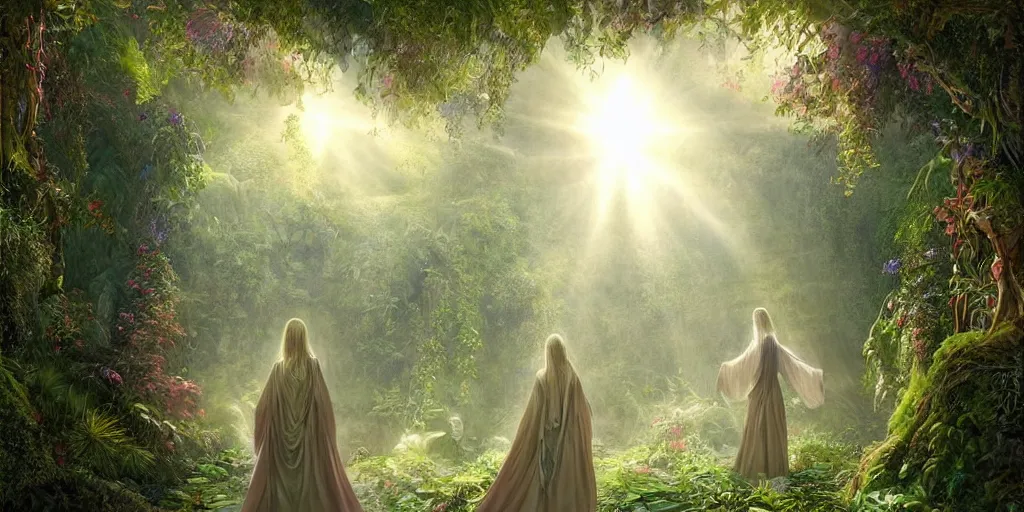 Image similar to long shot of a bright sun shining through a gardens in the bay interior, mystical woman wearing a cloak walking in over grown botanical garden, pre raphaelite, atmospheric, ground mist, waterfalls, light streams, style of gardens in the bay singapore, art by artgerm, sharp, intricate detail,