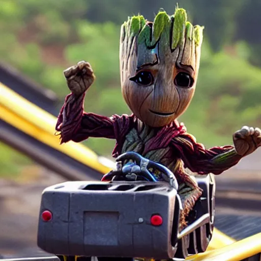 Image similar to baby groot riding a roller coaster