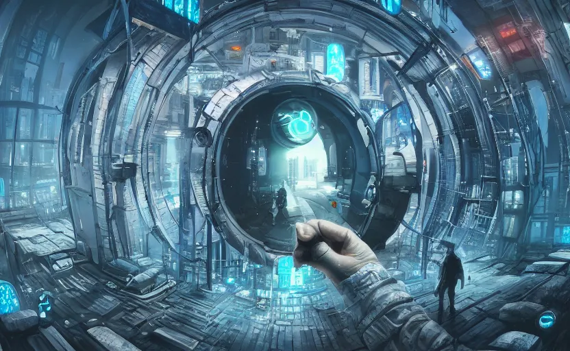 Prompt: a circle portal made of hands, cyberpunk, epic surrealism, blue tones, white tones, black tones, Detailed digital matte painting in the style of simon stalenhag and Greg Hildebrandt, trend artstation