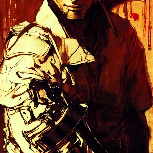 Prompt: portrait of a white young hero holding his sword in front of his face by yoji shinkawa, high quality, extra details, realism, ornate, colored, golden chain, blood, white skin, short hair, brown eyes, vivid, sunlight, dynamic, american man, freedom, white american soldier, painting