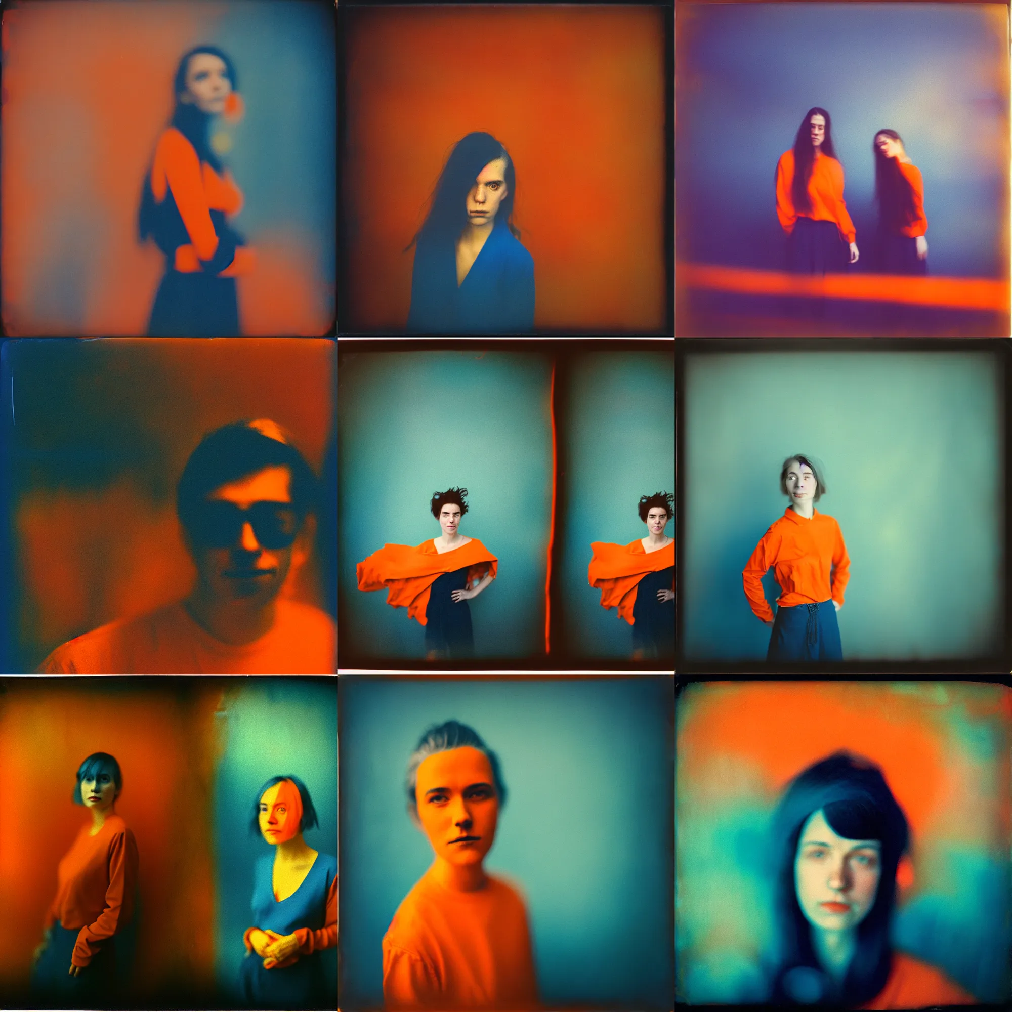 Prompt: kodak portra 4 0 0, wetplate, motion blur, portrait photo of a backdrop, coloured in blueberra and orange, by britt marling