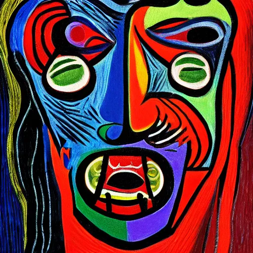 Prompt: intricate five star licorice monster facial portrait by pablo picasso, oil on canvas, hdr, high detail, photo realistic, hyperrealism, matte finish, high contrast, 3 d depth, centered, masterpiece, vivid and vibrant colors, enhance light effect, enhanced eye detail, artstationhd