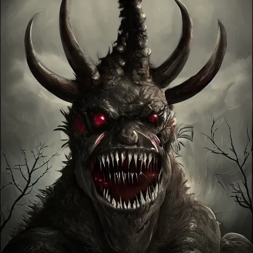 Prompt: a terrifying monster with two long horns and large eyes with a gaping mouth of jagged sharp teeth, furry body with evil creepy tones, dark, with good lighting photorealistic - n 9