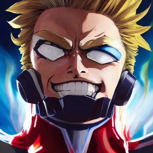 Image similar to all might from my hero academia, futuristic, gta 5 cover art, oil painting, comic book black lines, alot of paint smears, blonde sharp hair, hero outfit, fine details, sharp focus, intricate, realistic shaded perfect face, third dimensional, by cushart krenz, by makoto shinkai, by wlop, by artgerm