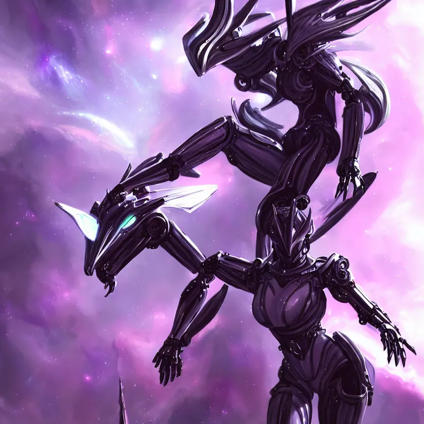 Image similar to cinematic front shot, cosmic sized proportional stunning beautiful hot female warframe, detailed robot mecha female dragon head, metal ears purple eyes, sleek silver armor, fuschia skin, floating in empty space, nebula sized, posing elegantly, epic proportions, epic size, epic scale, furry art, dragon art, giantess art, warframe fanart, furaffinity, deviantart