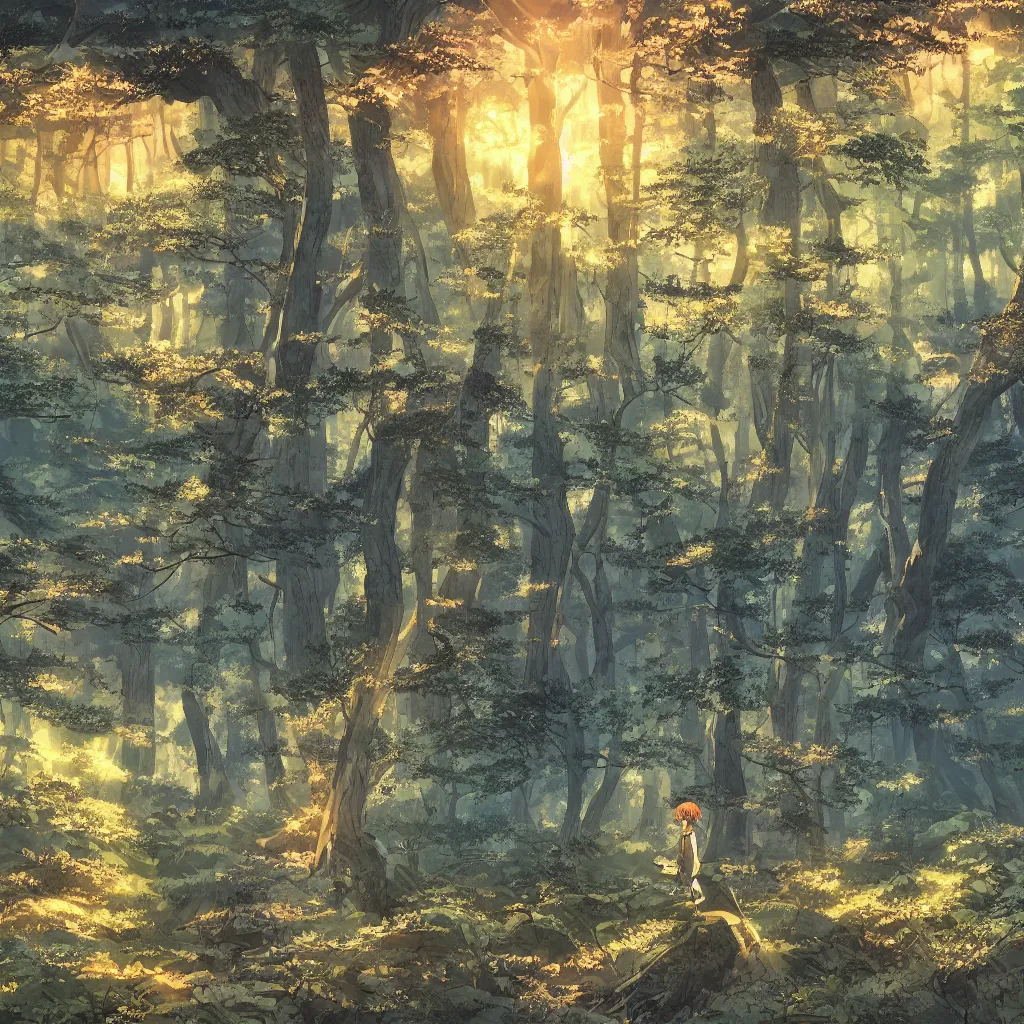 Prompt: sharp focus, breath taking beautiful, Aesthetically pleasing, gouache forest at golden hour, digital concept art background by Hayao Miyazaki and Studio Ghibli, fine art, official media, high definition, illustration, ambient lighting, HDR, HD, UHD, 4K, 8K, cinematic, high quality scan, award winning, trending, featured, masterful, dynamic, energetic, lively, elegant, intricate, complex, highly detailed, Richly textured, Rich vivid Color, masterpiece.