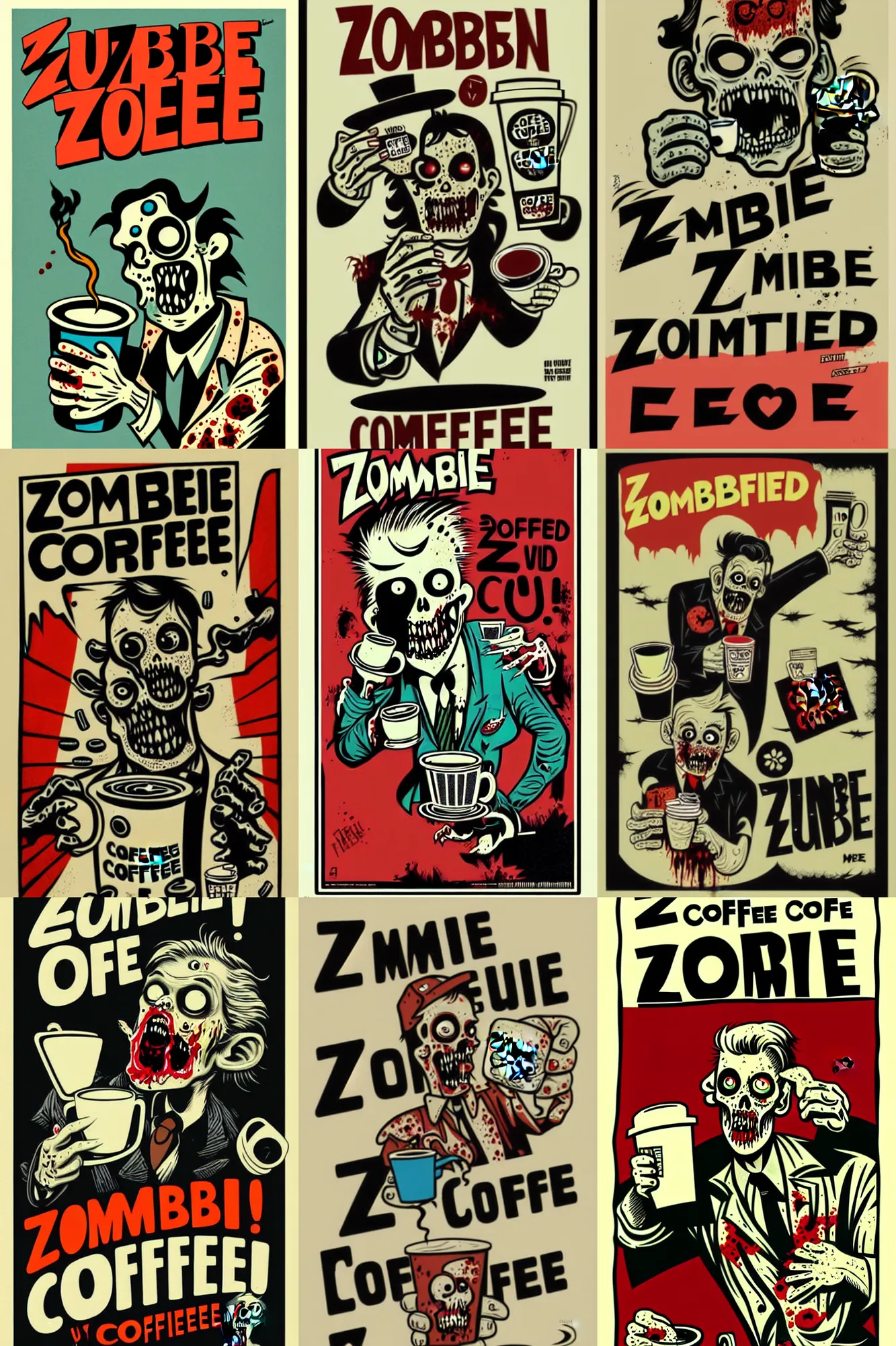 Prompt: zombie need coffee by mcbess, full colour print, vintage colours 1 9 5 0 s, high detail