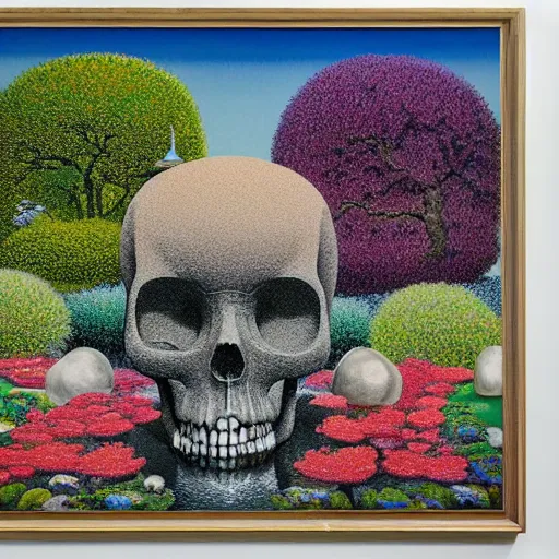 Image similar to complex and beautiful japanese garden full of flowers by michael kidd, oil on canvas, apple giant translucent transparent skull, james jean, splashes, magritte painting, intricate, highest details, 8 k, pushead, pointillism