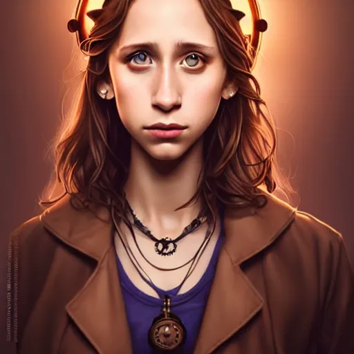 Image similar to in the style of pedro campos, artgerm, beautiful taissa farmiga, steampunk, elegant pose, middle shot waist up, symmetrical face symmetrical eyes, cinematic lighting, detailed realistic eyes, short neck, insanely detailed and intricate elegant