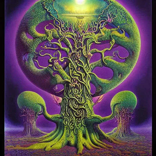 Prompt: sacred mulberry tree by roger dean and andrew ferez, art forms of nature by ernst haeckel, divine chaos engine, symbolist, visionary, art nouveau, botanical fractal structures, tree of life, lightning bolts, detailed, realistic, surreality