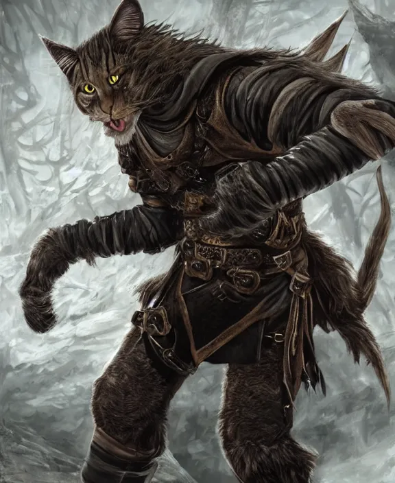 Image similar to humanoid male khajiit rogue with a scar on left eye, wearing leather armor with a hood, mainecoon cat features with jet black fur, far - mid shot, magic the gathering, fantasy