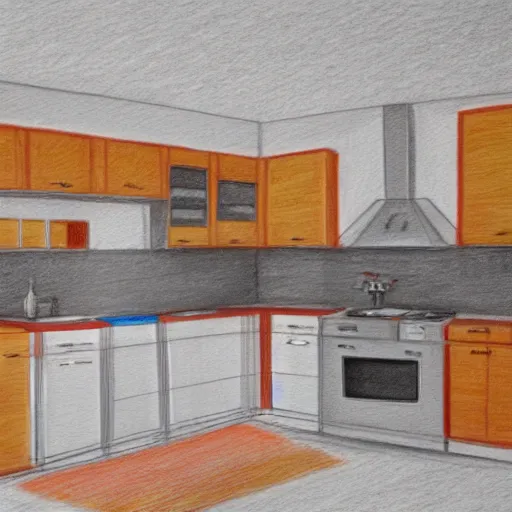 Prompt: colored pencil sketch of modern kitchen, trending on artstation