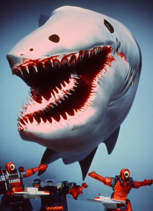 Image similar to jaws great white shark transformers, 1 9 8 0 s product photography, studio lighting
