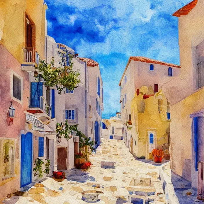 Image similar to old greek town by the sea on a hot summer day, watercolor painting, morandi color palette, very beautiful masterpiece by a very talented artist, extremely detailed stunning, dreamy, melancholy , poetic, nostalgic