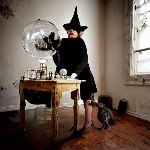 Prompt: a full body protrait beautifull witch with white hair in old room. A cristal ball on a wood table with a potions and old instruments. A cat on the floor licking his paw. photorealistic, profesional photo, by Steve McCurry