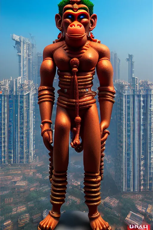 Image similar to high quality 3 d cyberpunk biomorphic hanuman! head building in the middle of mumbai!!, highly detailed, cinematic smooth, stephen shore & john j. park, soft morning light, wide shot, high angle, uhd 8 k, sharp focus