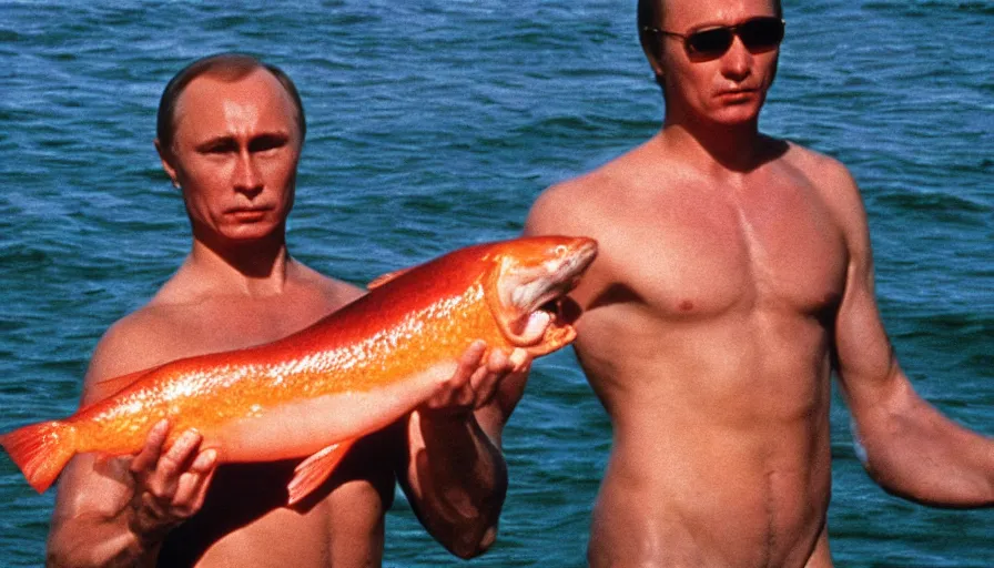 Image similar to 7 0 s movie still of putin in speedo, proudly holding a salmon, focus on eyes. cinestill 8 0 0 t _ 3 5 mm eastmancolor, heavy grain, high quality, high detail