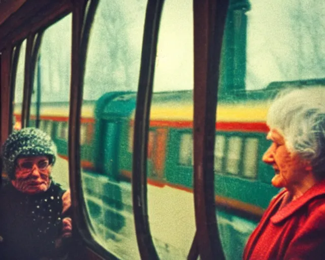 Image similar to a lomography photo of rumble between two grandmoms in soviet train this morning, bokeh,