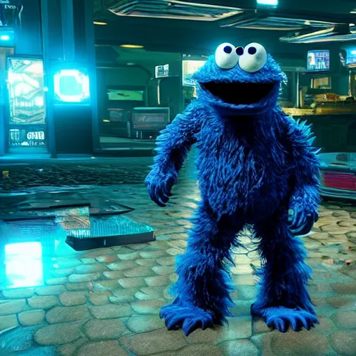 Prompt: cookie monster in cyberpunk 2 0 7 7 unreal engine 5 8 k hyperdetailed