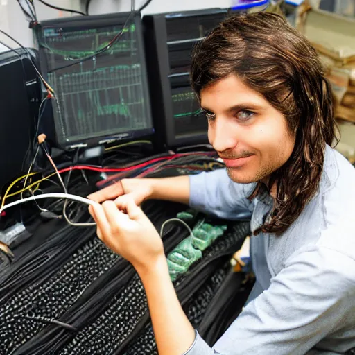 Image similar to a snake charmer hacker charming wires and cables from a supercomputer