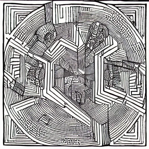 Prompt: the labyrinth of the minotaur as drawn by mc escher