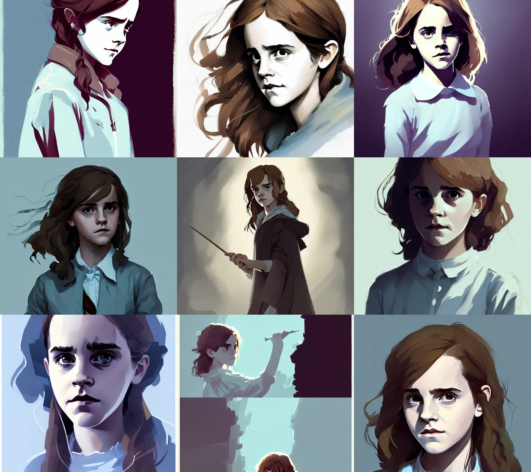Prompt: young emma watson as hermione in harry potter, by atey ghailan, by greg rutkowski, by greg tocchini, by james gilleard, by joe fenton, by kaethe butcher, by ive freya, by ashley wood, dynamic lighting, gradient light blue, brown, blonde cream and white color scheme, grunge aesthetic