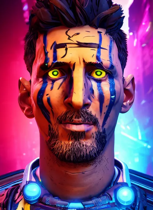 Prompt: glowwave portrait of messi from borderlands 3, au naturel, hyper detailed, digital art, trending in artstation, cinematic lighting, studio quality, smooth render, unreal engine 5 rendered, octane rendered, art style by klimt and nixeu and ian sprigger and wlop and krenz cushart.