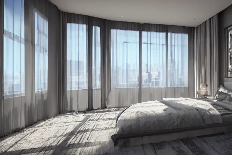 Image similar to futuristic highly detailed modern bedroom with a nice window view, complex design, realistic, octane render, unreal engine 5, raytracing, volumetric light, trending on artstation