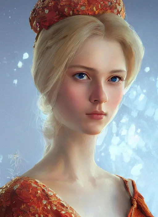 Prompt: a professional painting of an russian young blonde girl intricate, wearing russian ancient folk dress, elegant, digital painting, concept art, smooth, sharp focus, finely detailed illustration, beautifully framed, from Metal Gear, in the style of Artgerm and Greg Rutkowski and William-Adolphe Bouguerea