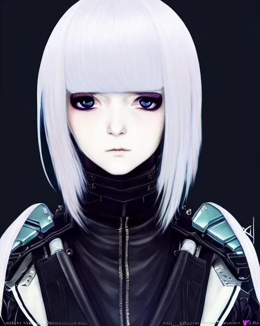 Image similar to portrait Anime goth girl in cyberpunk armor, cute-fine-face, white-hair pretty face, realistic shaded Perfect face, fine details. Anime. realistic shaded lighting by Ilya Kuvshinov katsuhiro otomo ghost-in-the-shell, magali villeneuve, artgerm, rutkowski, WLOP Jeremy Lipkin and Giuseppe Dangelico Pino and Michael Garmash and Rob Rey