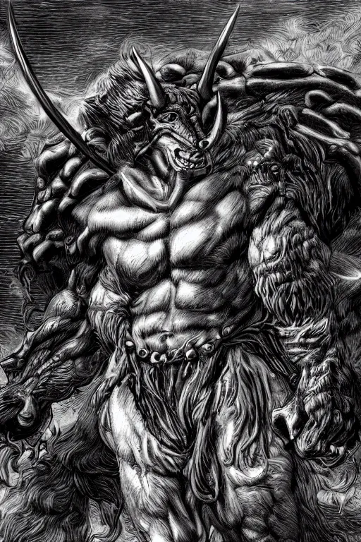 Image similar to minotaur, highly detailed, digital art, sharp focus, trending on art station, kentaro miura manga art style