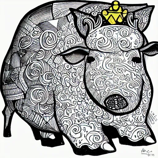 Image similar to detailed line art doodle sketches of a pig wearing a gold crown in the style of alan moore