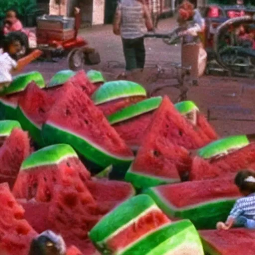 Prompt: a giant watermelon rampage town , movie scene