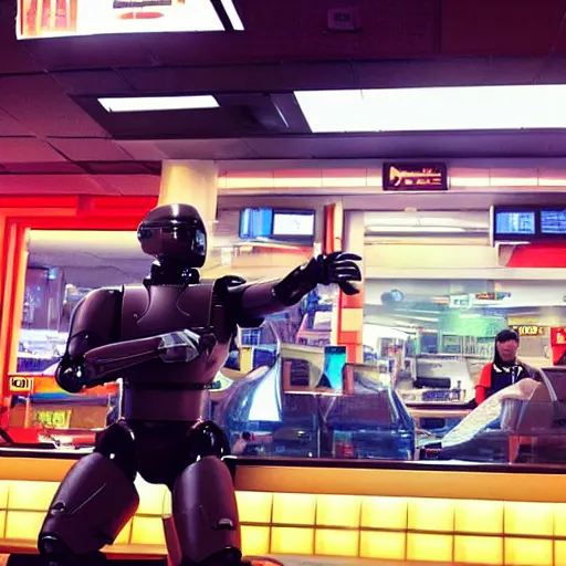 Image similar to robocop in mc donalds, synthwave style