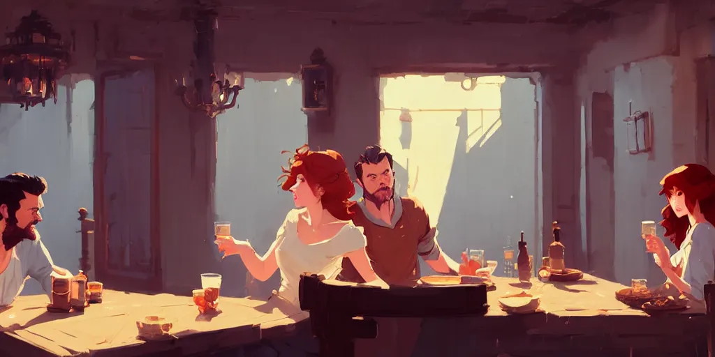 Image similar to scene of brunette man with a beautiful ginger woman talking in a tavern by atey ghailan, by greg rutkowski, by greg tocchini, by james gilleard, by joe fenton, by kaethe butcher, dynamic lighting, gradient light blue, brown, blonde cream and white color scheme, grunge aesthetic